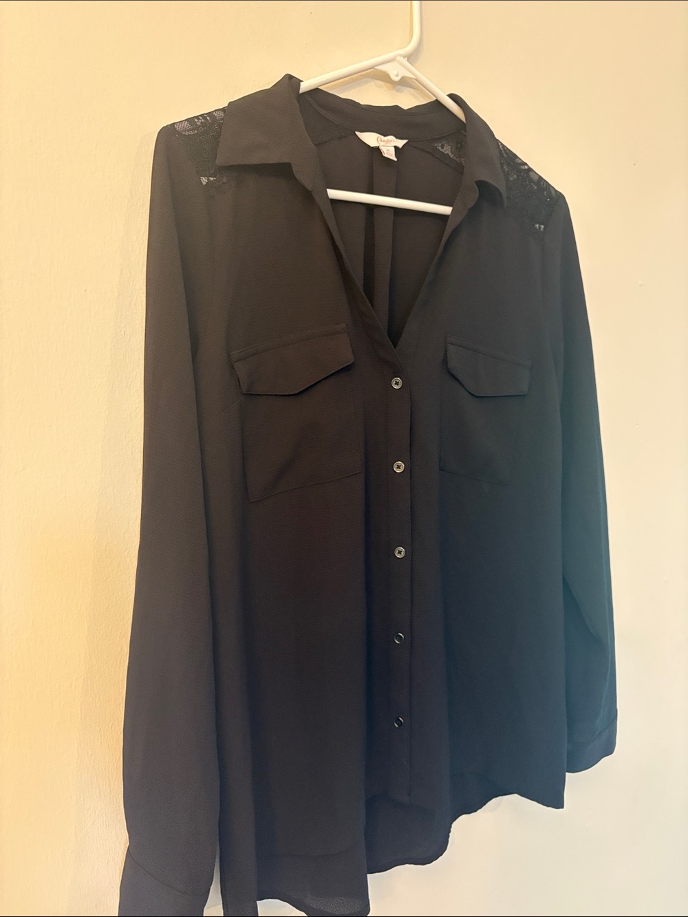 Candie's Sheer Black Lace-Detail Long-Sleeve Button-Up Shirt